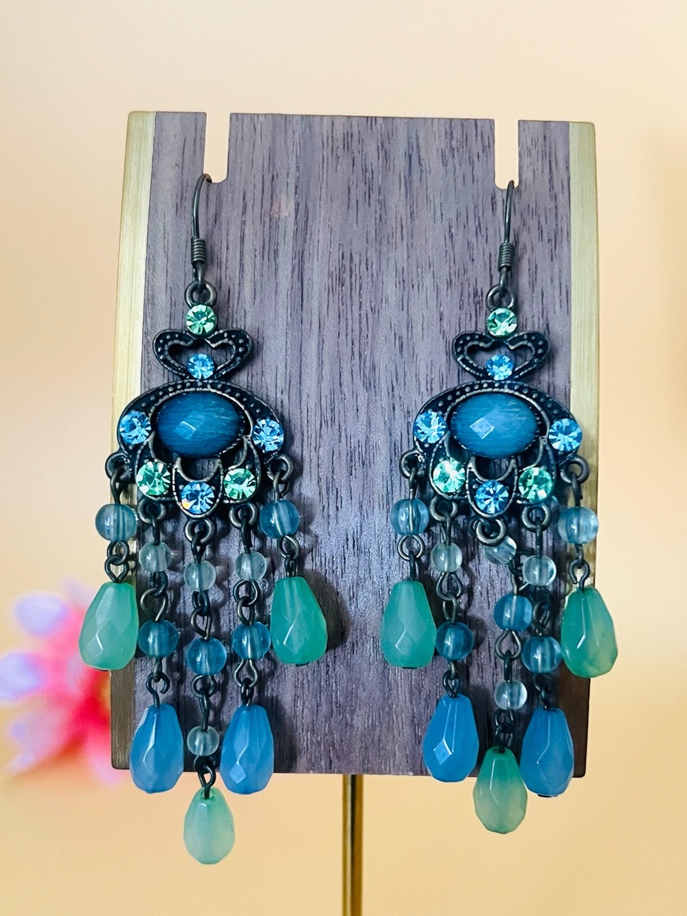 Long green gypsy design earrings brass copper color
